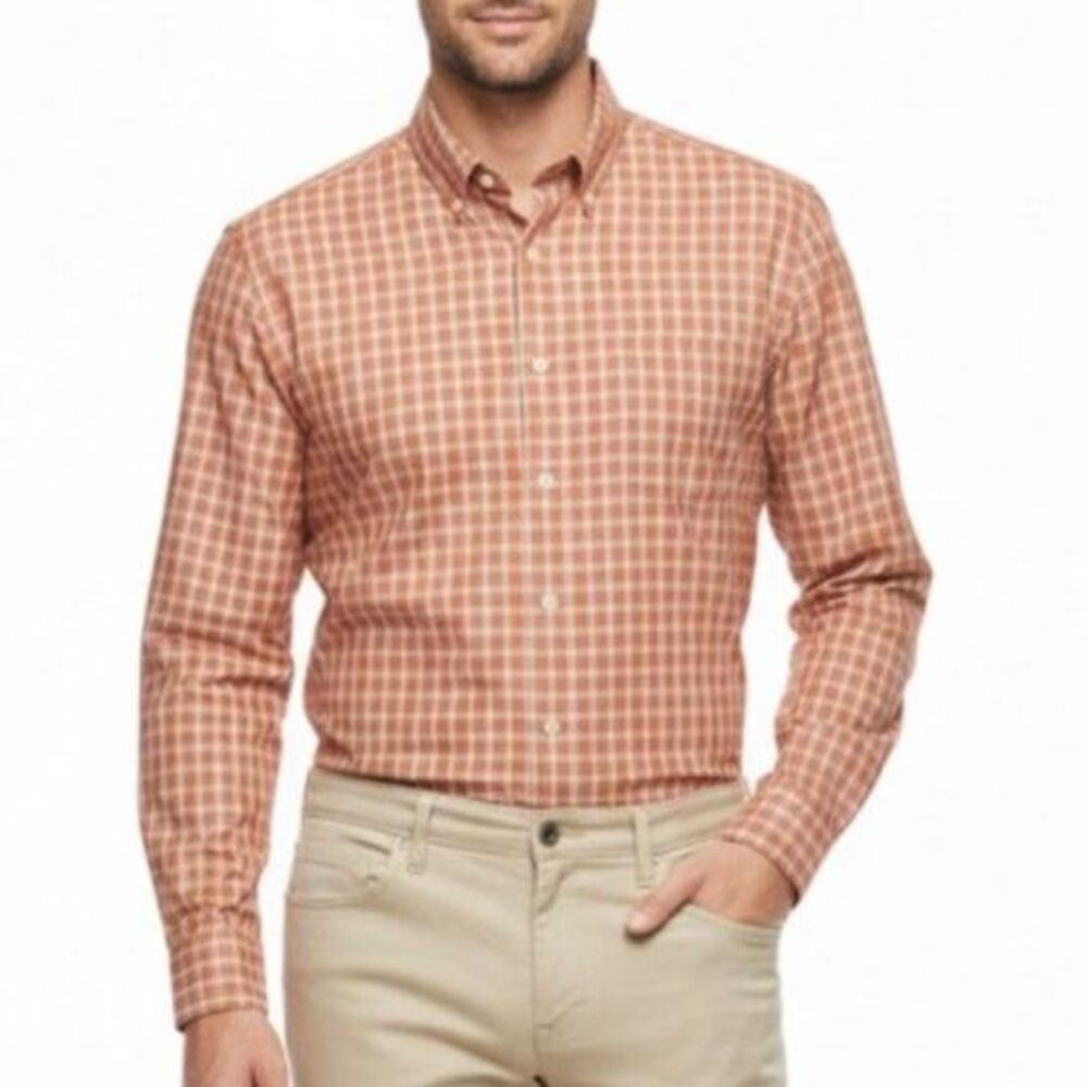Vintage Marshall Fields Orange Pink Check LS Button-Down Shirt Size 16.5 36-37